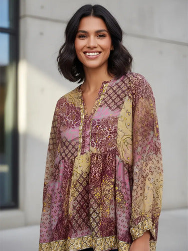 Blusa De Seda Hindú Modelo Amplio Mod. 106 Rosa Estampado Único