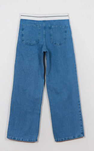 Pantalón Jean Wide Leg Jean Rígido Con Aplique  Denim