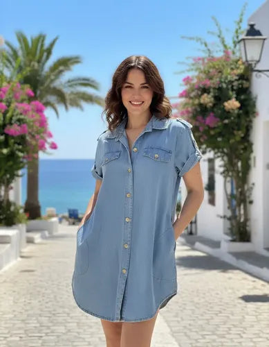 Vestido Jean  Camisero  Denim Manga Corta Celeste Lisa 2