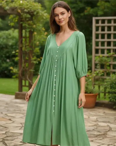 Vestido De Simil Seda Con Botones Verde Liso Único
