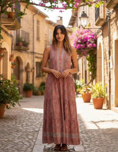 Vestido De Seda Hindú Largo Sin Mangas Mod. 9 Coral Estampado Único