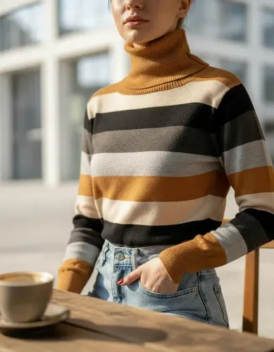 Sweater Tejido Polera Rayada Marrón Claro Unico