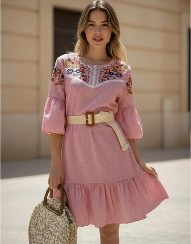 Vestido Camisa Bordado  Boho Rojo Rayas M