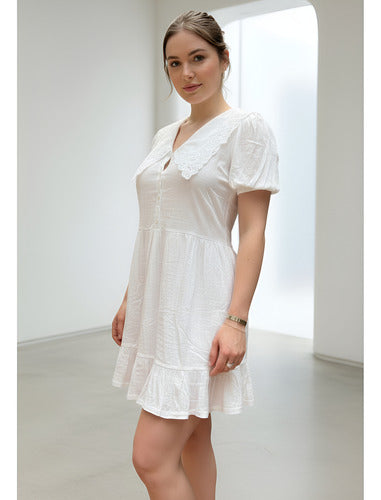Vestido Lino Blanco Boho Con Cuello Blanco S