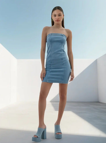 Vestido Jean Elastizado Strapless Denim Celeste S