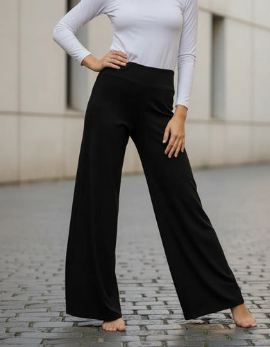 Pantalón Palazzo Básico De Lanilla Amplio Negro Liso Único