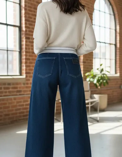 Pantalón Jean Wide Leg Jean Rígido Con Aplique  Denim