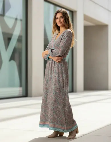 Vestido Largo De Seda Hindú Modelo Amplio Mod. 84 Turquesa Estampado Único