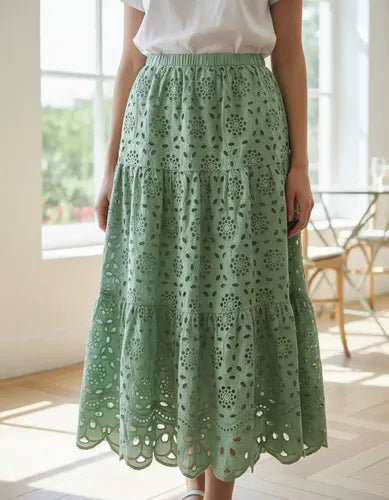 Pollera De Broderie Larga Verde Agua Liso Xl