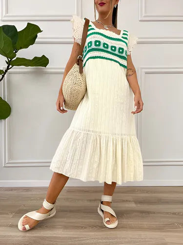 Vestido Importado Crochet  Boho Broderie Beige L