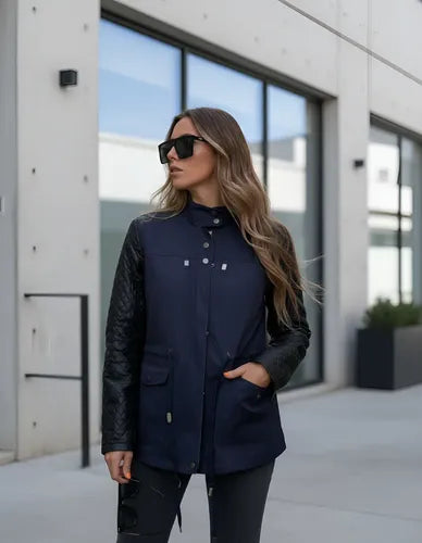 Campera De Gabardina Y Ecocuero + Chaleco Desmontable Azul Oscuro M Lisa