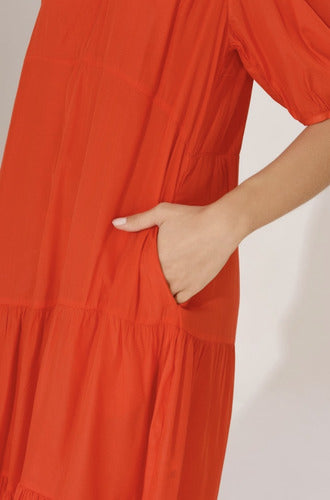Vestido De Simil Seda Largo Con Bolsillos Verde Liso Único