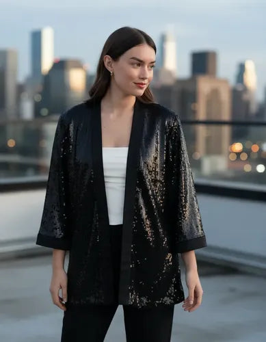 Saco Kimono De Lentejuelas Noche Fiesta Negro 40