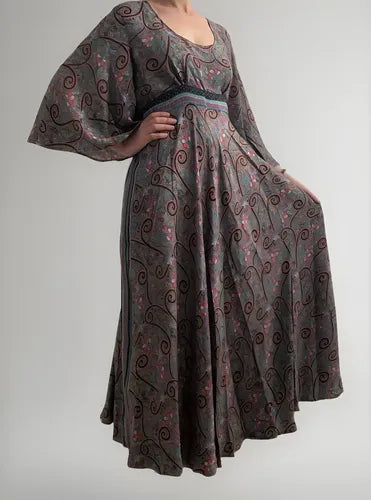 Vestido Largo Fiesta Importado Seda Hindú Amplio Gris Estampado Único