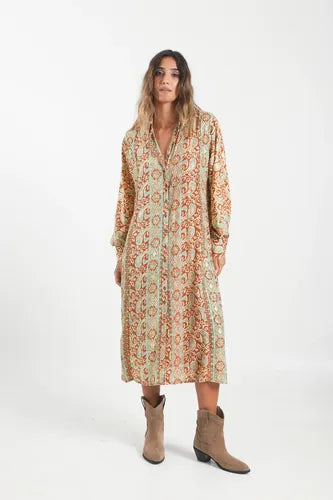 Vestido Camisero De Seda Hindú Con Dorado Modelo Amplio Marrón Estampado Único