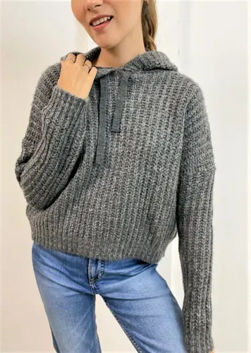 Sweater Tejido Con Capucha Corto Oversize Gris Oscuro Único