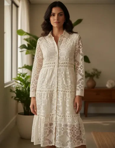 Vestido Camisero Abotonado De Encaje