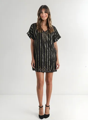 Vestido De Noche Fiesta De India Lurex Y Lentejuelas Negro Lineas Lurex Único