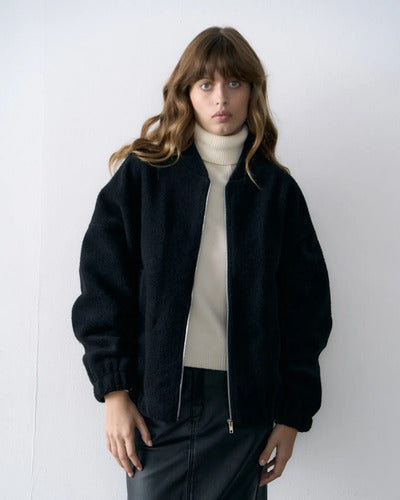 Campera Bomber Simil Paño Amplia Negro Único Liso