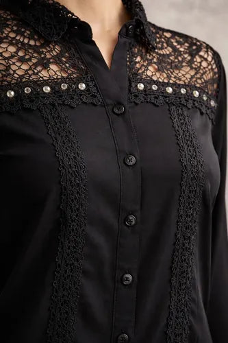 Camisa Importada Boho Perlas Y Puntillas (266) Negro Lisa L