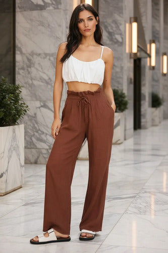 Pantalón  De Lino Cintura Alta Marrón Liso 42