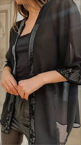 Kimono Saco Gasa Fiesta  Lentejuelas Talle Grande Xxl Negro Unico