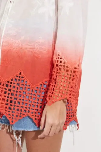 Blusa Camisa Puntilla Importada Batik Boho Hippie Chic Blanco Con Coral Batik L