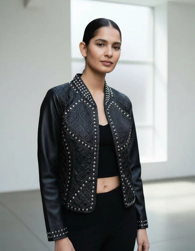 Campera Saco Chaqueta Eco Cuero Negro L Tachas