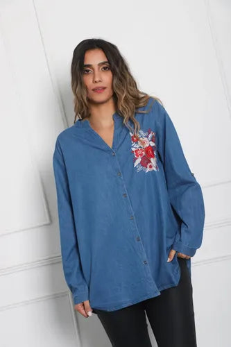 Camisa De Jean Bordada Importada Amplia