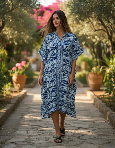 Vestido De Seda Hindú Amplio Mod. 49 Nuevo 2da Selección Azul Estampado Único