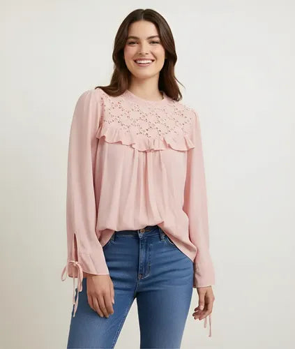 Camisa Blusa Importada Broderie Rosa Liso M