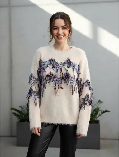 Sweater Importado Pelo De Mono Folk Boho Beige Flecos L