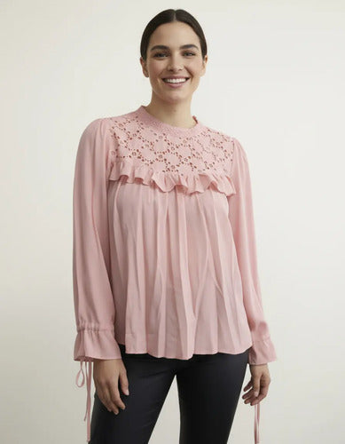 Camisa Blusa Importada Broderie Rosa Liso M