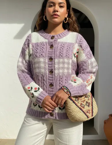 Saco Cárdigan Tejido Amplio Bordado Folk Boho