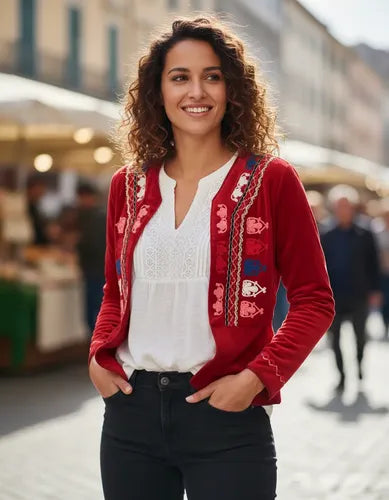 Saco Chaqueta Chiffon Bordada Rojo M Bordado