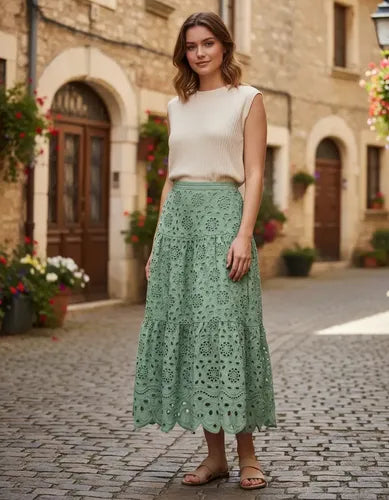 Pollera De Broderie Larga Verde Agua Liso Xl