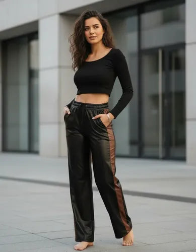 Pantalón Palazzo Engomado Franja Eco Cuero Cómodo