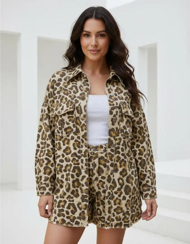 Camisaco Saco Campera Gabardina Animal Print Amplio Marrón Único Animal Print