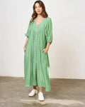 Vestido De Simil Seda Con Botones Verde Liso Único