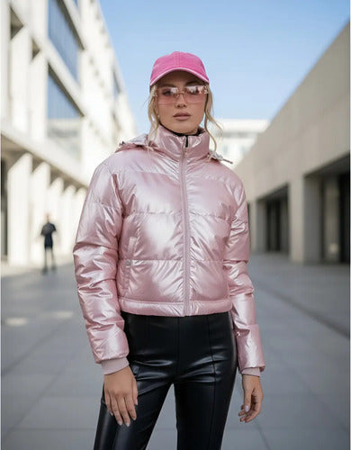Puffer Campera  De Abrigo  Importada Corta Metalizada Rosa Claro Xl Lisa