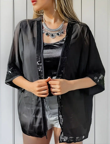 Kimono Saco Gasa Fiesta  Lentejuelas Talle Grande Xxl Negro Unico