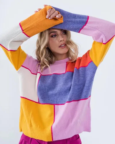 Sweater Tejido Diseño Cuadros Colores Rosa Único