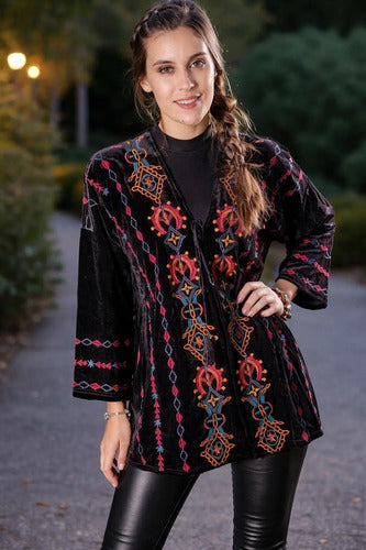 Saco Chaqueta Chiffon Bordada Velvet Fiesta Importada  Negro Único Liso