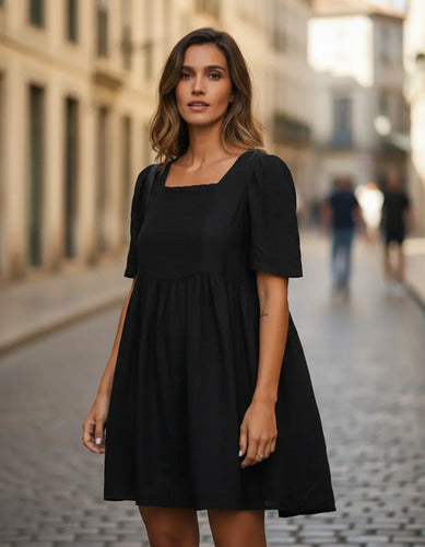 Vestido Negro Manga Corta De India Negro Lisa Único