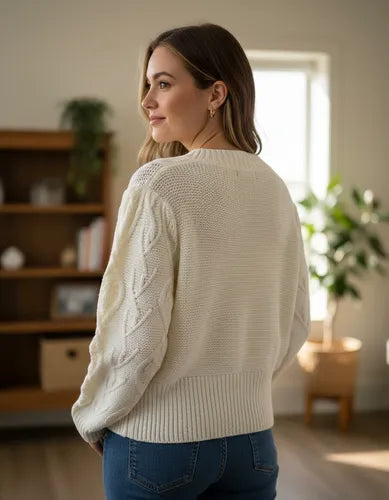 Sweater Tejido Folk Borlas Modelo Amplio Beige Liso Único