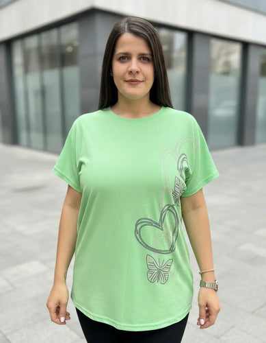 Remera  Modal Strass Importada Talle Grande Verde Corazones 3xl Lisa
