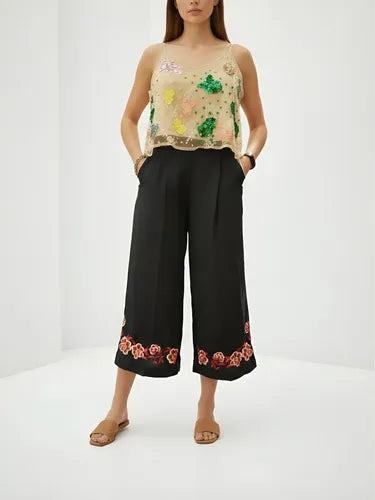 Pantalón Palazzo Culotte Bordado Importado Talle  Xs Negro Bordado Xs/ S
