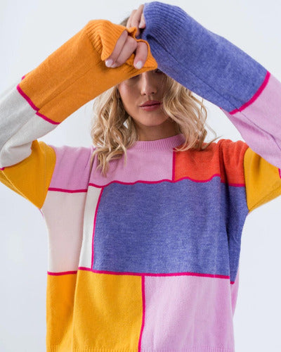 Sweater Tejido Diseño Cuadros Colores Rosa Único