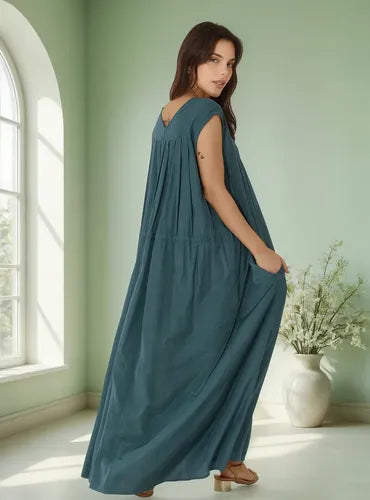 Vestido Largo Simil Seda Amplio Sin Mangas Azul Petróleo Lisa Único
