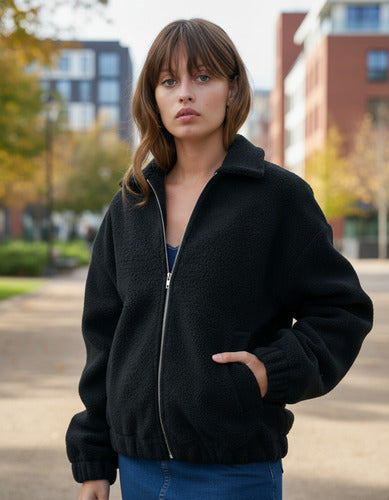 Campera Bomber Simil Paño Amplia Negro Único Liso